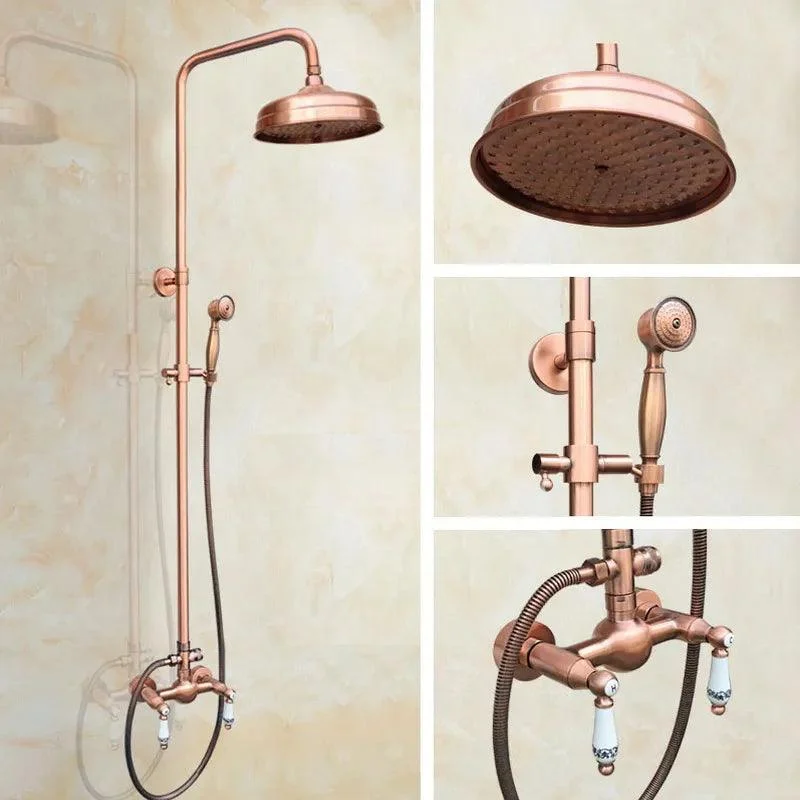 Antique Red Copper Wall Mounted Dual Handles Shower Head Tap Set -Bathlova