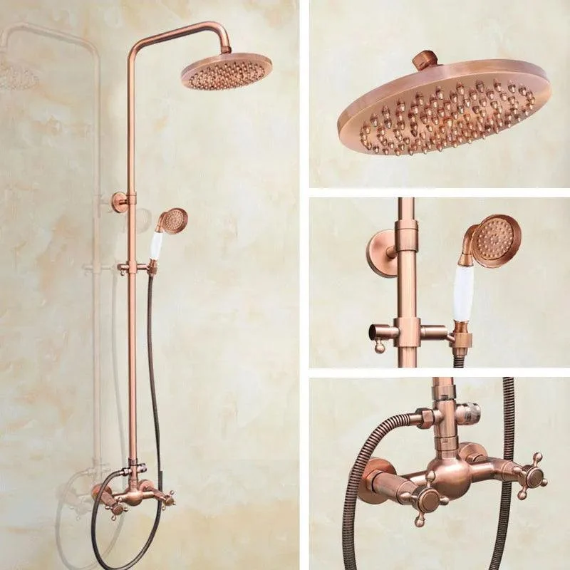 Antique Red Copper Wall Mounted Dual Handles Shower Head Tap Set -Bathlova