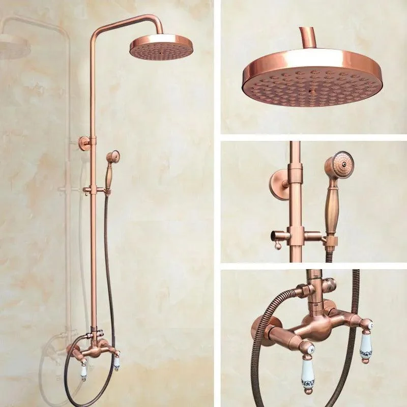 Antique Red Copper Wall Mounted Dual Handles Shower Head Tap Set -Bathlova