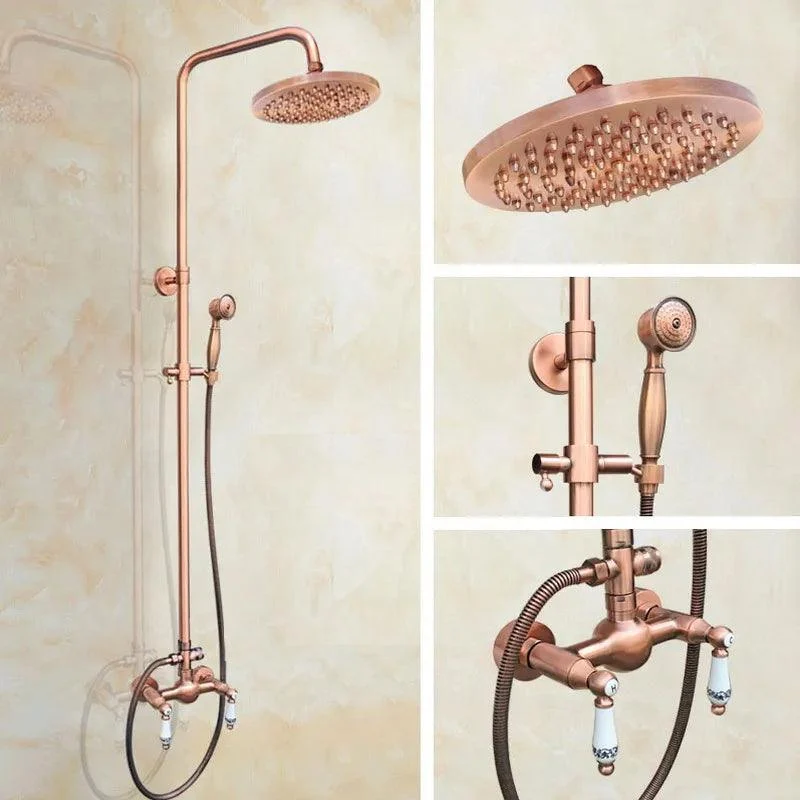 Antique Red Copper Wall Mounted Dual Handles Shower Head Tap Set -Bathlova