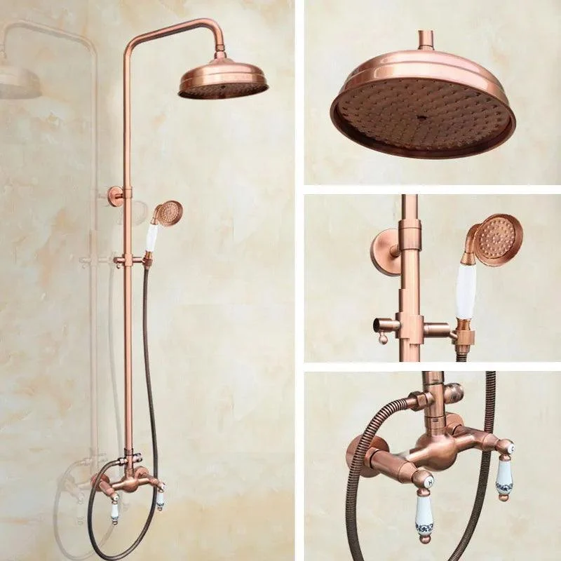 Antique Red Copper Wall Mounted Dual Handles Shower Head Tap Set -Bathlova