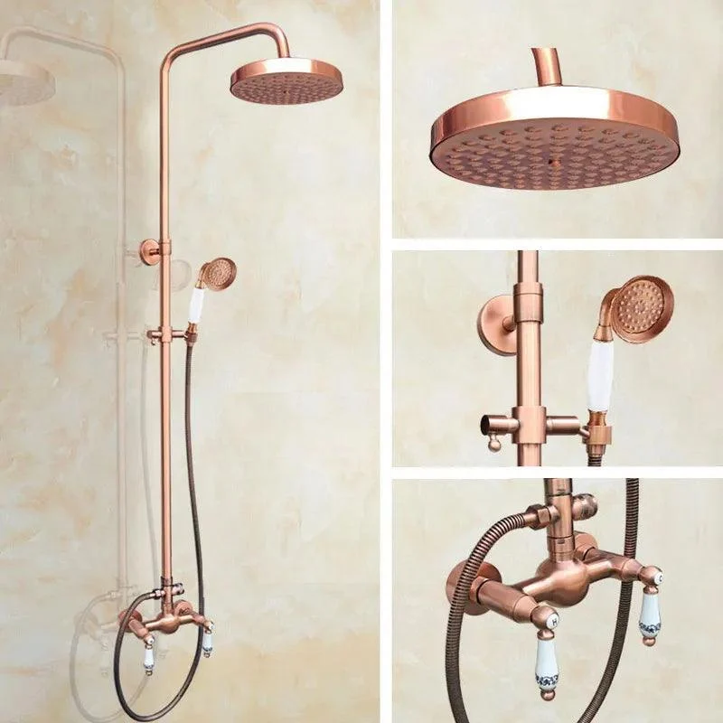 Antique Red Copper Wall Mounted Dual Handles Shower Head Tap Set -Bathlova