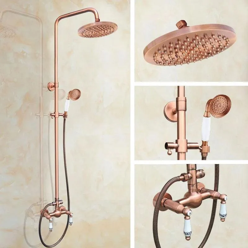 Antique Red Copper Wall Mounted Dual Handles Shower Head Tap Set -Bathlova