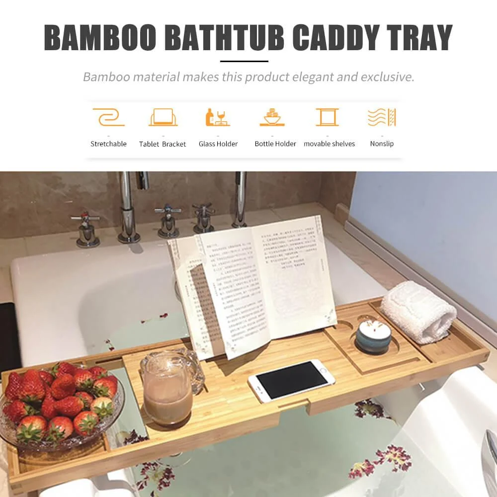 Bamboo Extendable Bathtub Caddy Tray -Bathlova