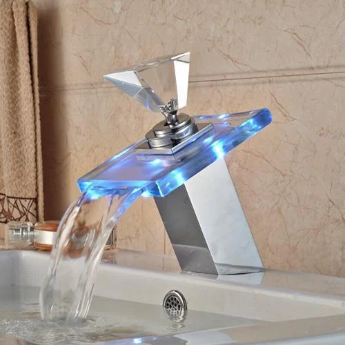 Basin Sink Deck Mount Waterfall Tap with LED RGB Colors -Bathlova