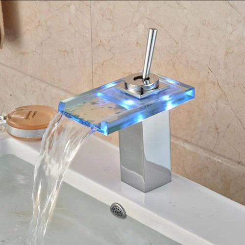 Basin Sink Deck Mount Waterfall Tap with LED RGB Colors -Bathlova