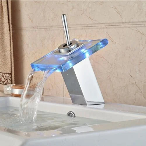 Basin Sink Deck Mount Waterfall Tap with LED RGB Colors -Bathlova