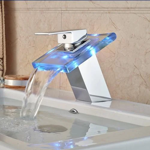 Basin Sink Deck Mount Waterfall Tap with LED RGB Colors -Bathlova