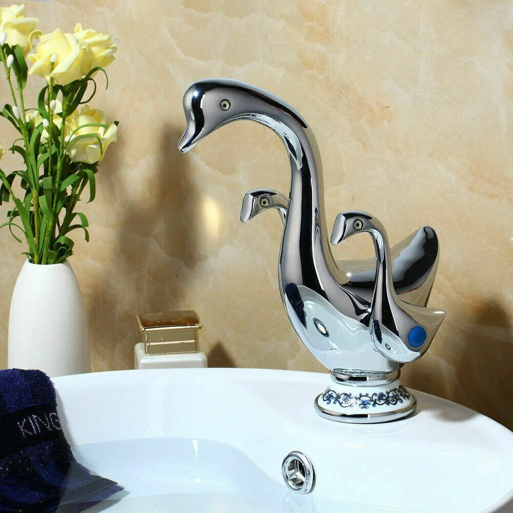 Bathroom Basin Tap Double Handle Ceramic Swan Tap Wash Tap In 4 Colors -Bathlova