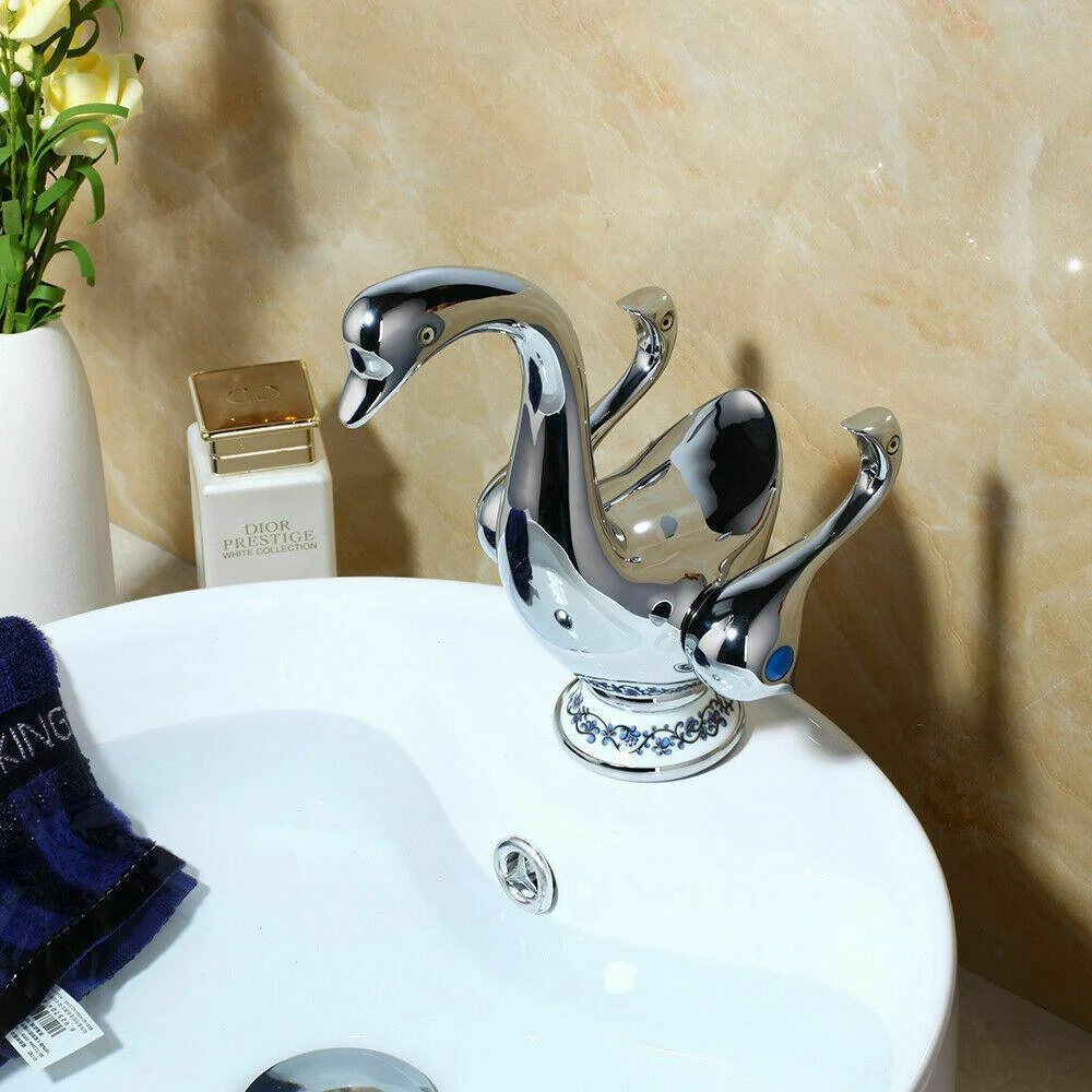 Bathroom Basin Tap Double Handle Ceramic Swan Tap Wash Tap In 4 Colors -Bathlova