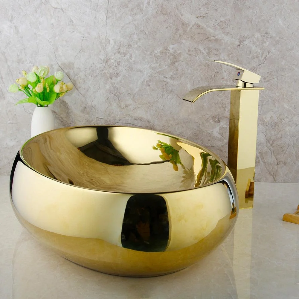 Bathroom Ceramic Basin Sink Golden Plated Solid Brass Tap Tap Set -Bathlova