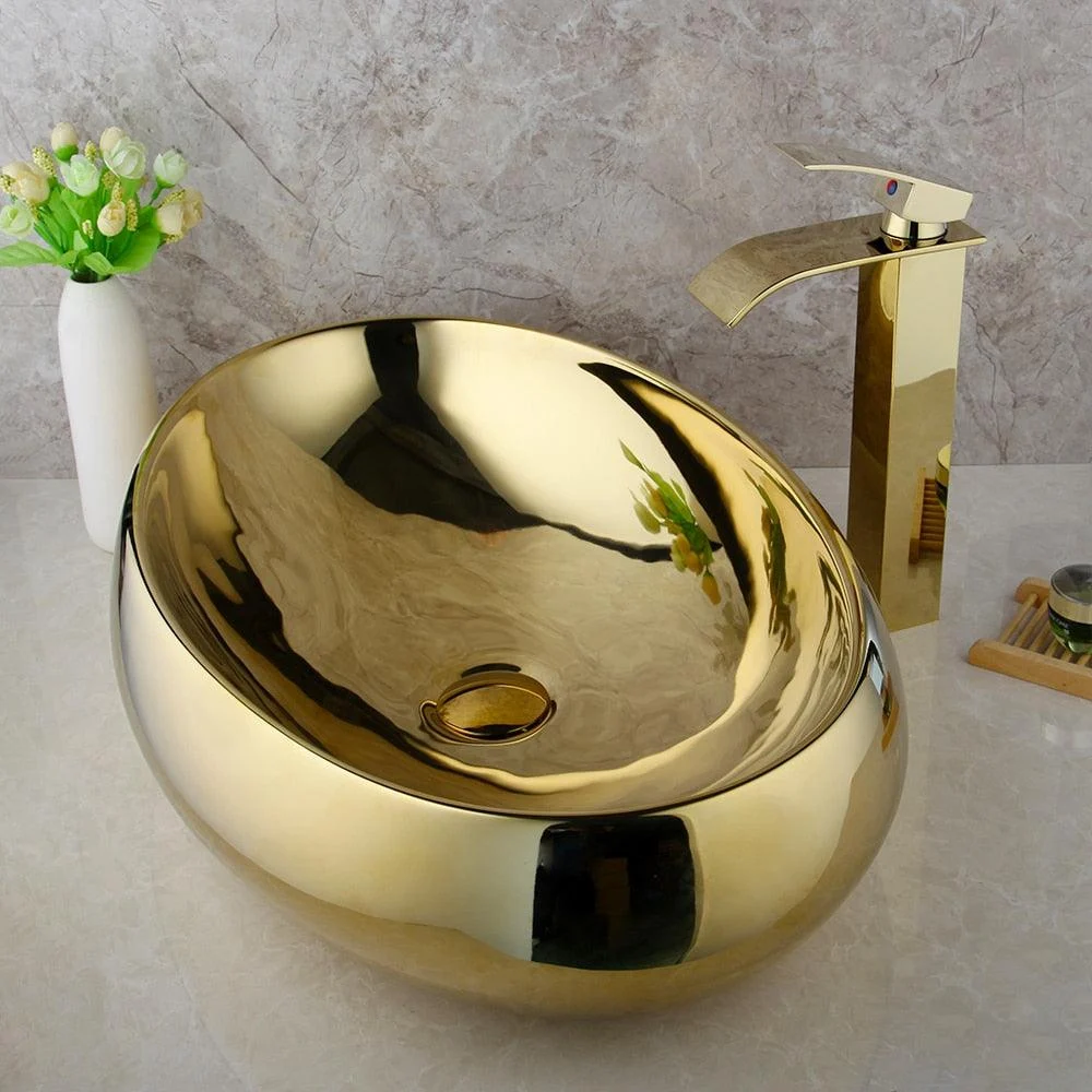 Bathroom Ceramic Basin Sink Golden Plated Solid Brass Tap Tap Set -Bathlova