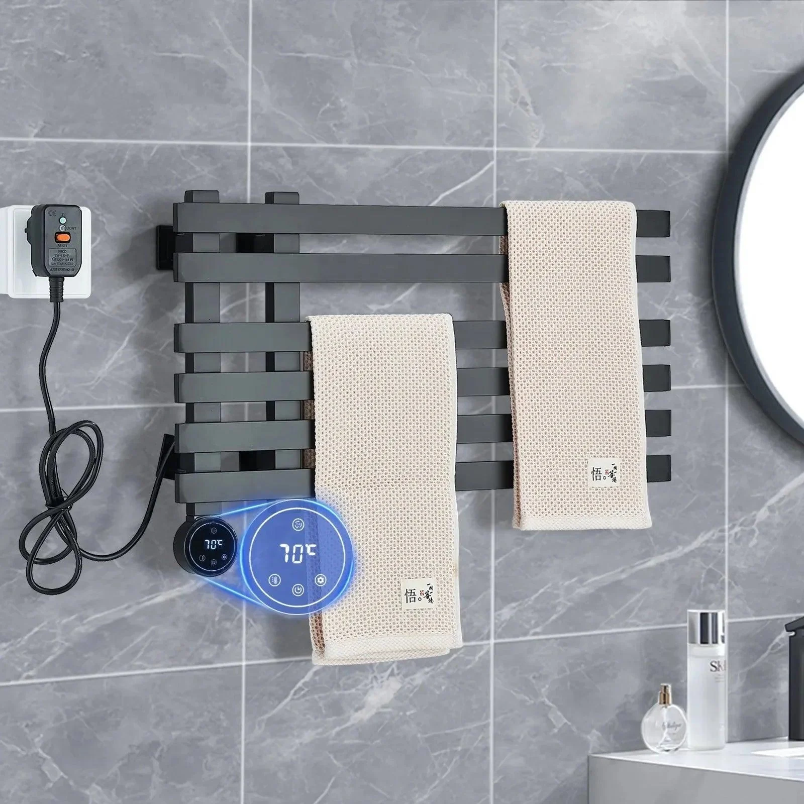 Bathroom Electric Towel Rack Heater Toilet Wall Mount Digital Display -Bathlova