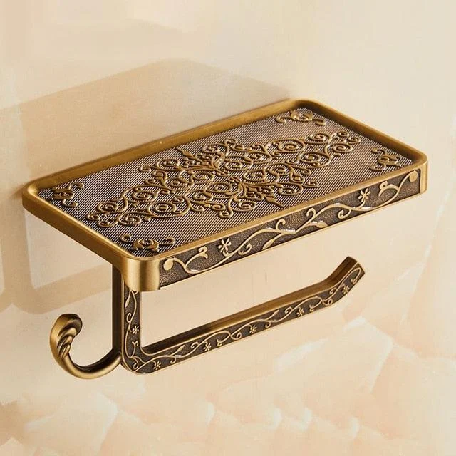 Bathroom Shelf Antique Bronze Carving Paper Rack with Phone Shelf -Bathlova