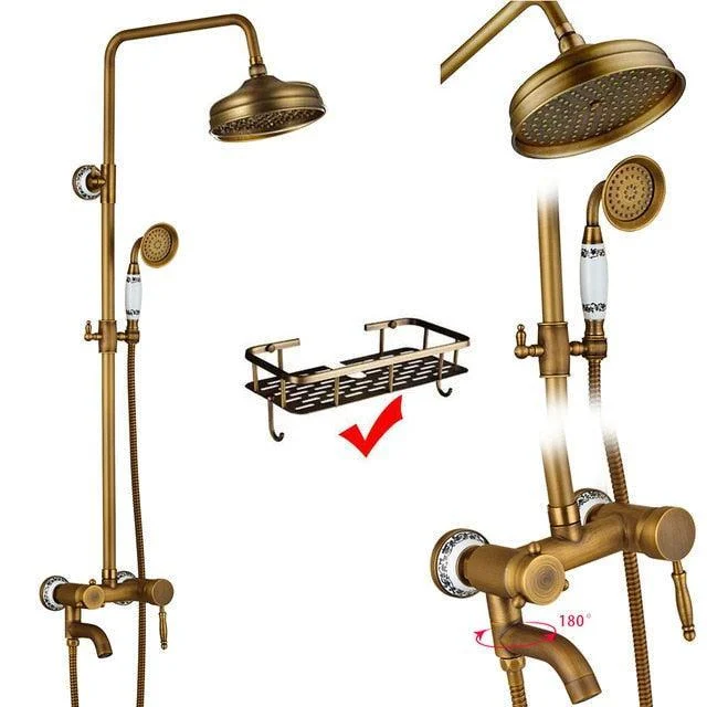 Bathroom Shower Tap Set Wall Mount Dual Handle Handshower Shelf -Bathlova