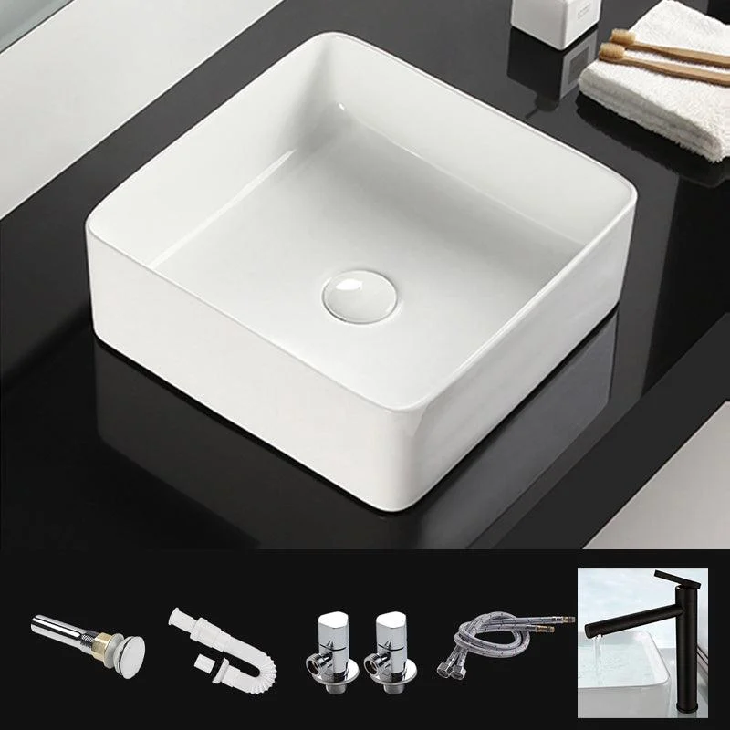 Bathroom Sink Ceramic White Square Black Tap Bathroom Sink -Bathlova