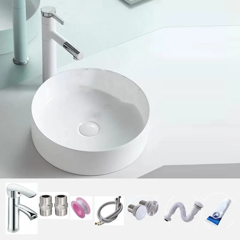 Bathroom Sink White Ceramic Tap Single Handle Round Shape Sink -Bathlova