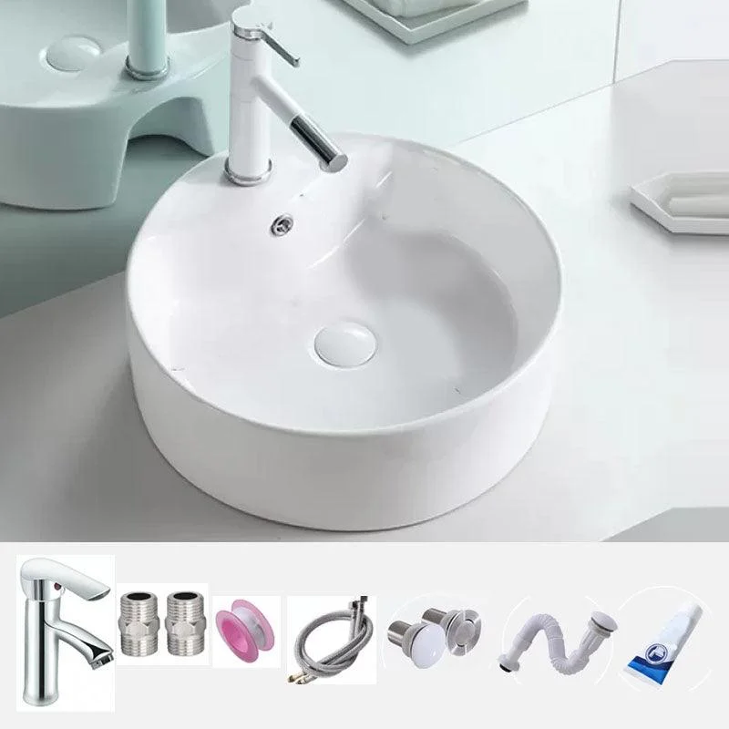 Bathroom Sink White Ceramic Tap Single Handle Round Shape Sink -Bathlova