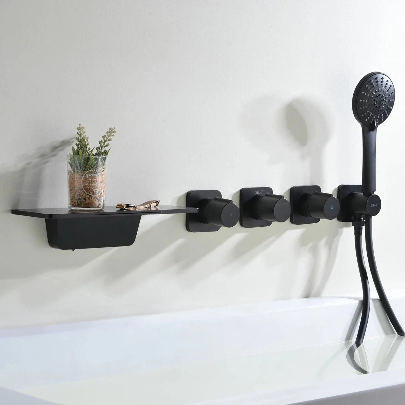 Bathroom Tap Wall Mount Three Handle Waterfall Type Bathtub Tap -Bathlova