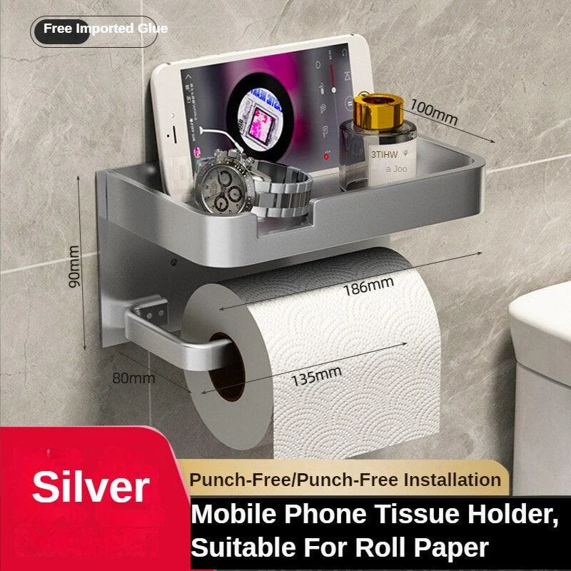 Bathroom Toilet Roll and Phone Holder with No Hole Bathroom Accessory -Bathlova