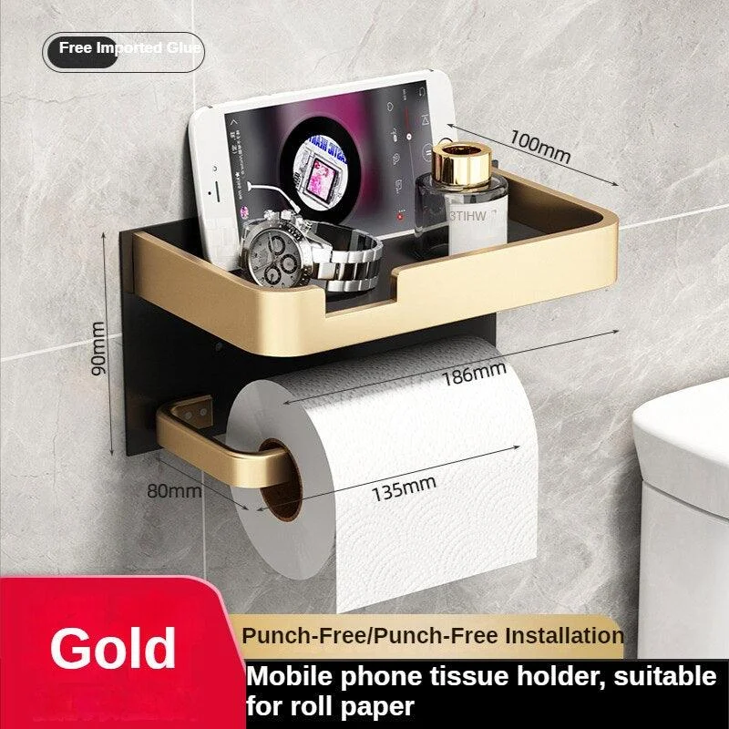 Bathroom Toilet Roll and Phone Holder with No Hole Bathroom Accessory -Bathlova