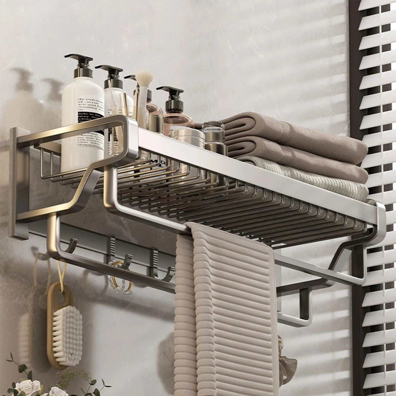 Bathroom Towel Holder Towel Rack Grey Folding Holder With Hook -Bathlova