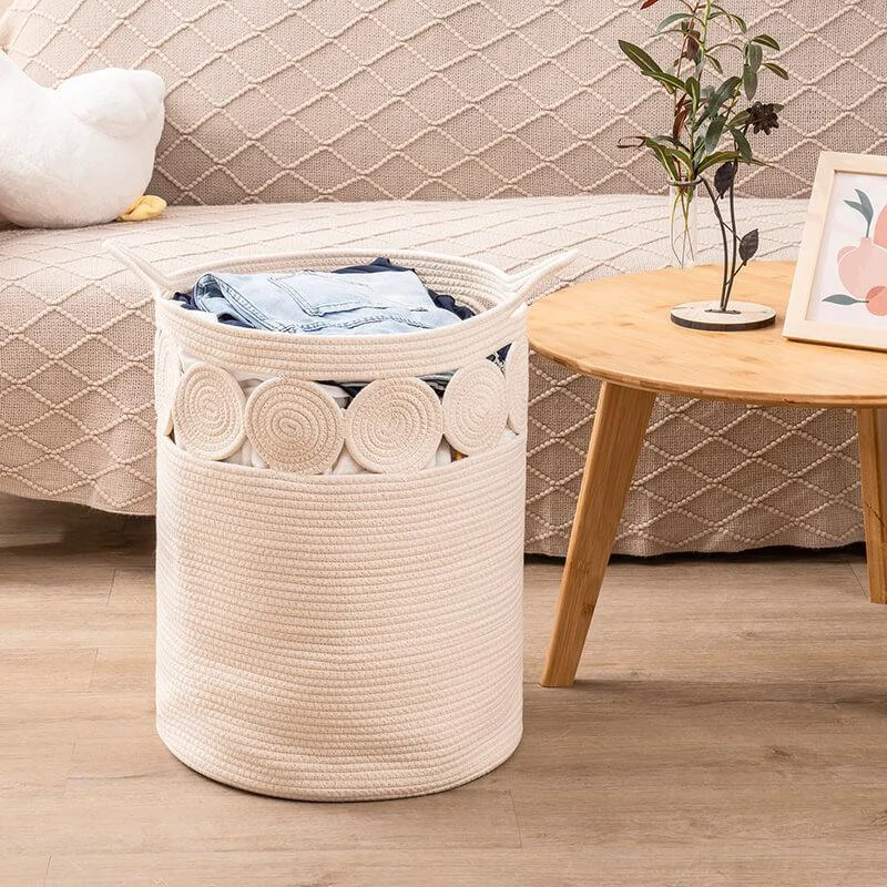 Beige Bohemian Style Cotton Rope Storage Basket -Bathlova