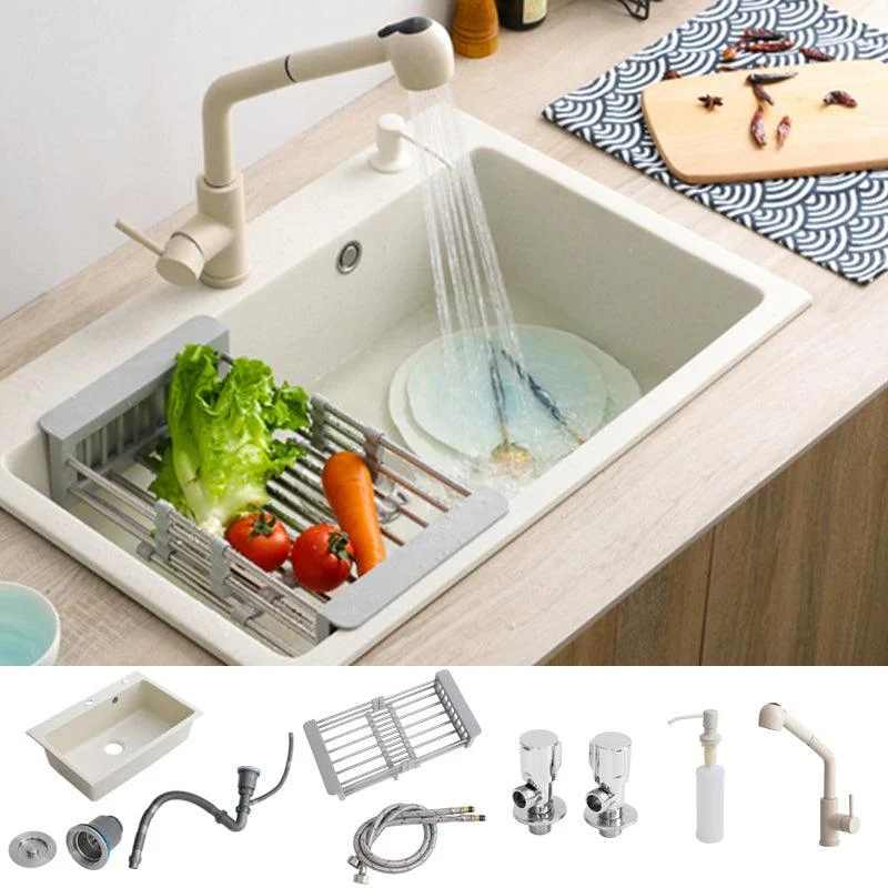 Beige Granite Kitchen Sink with Basket Strainer 2 Holes Sink -Bathlova