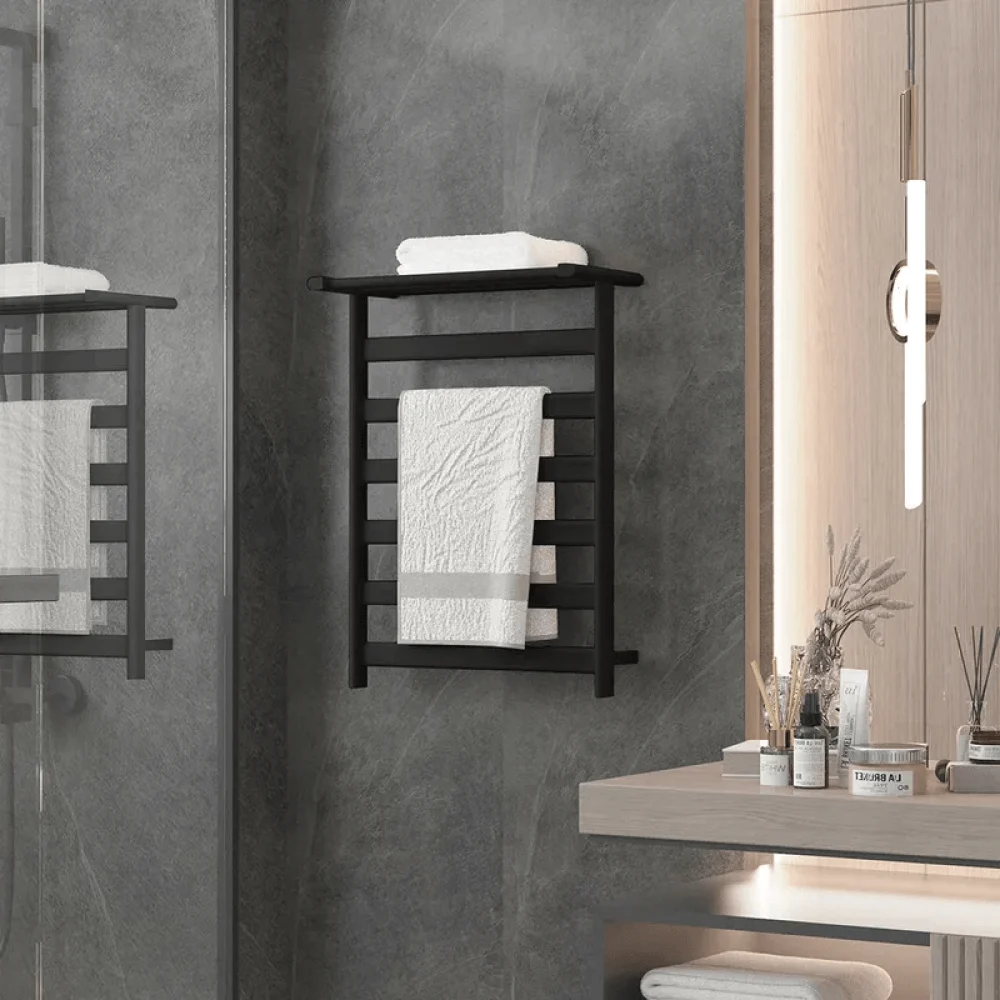 Black Wall-Mount Electric Towel Warmer with Top Shelf Stainless Steel - Heated Towel Rack -Bathlova