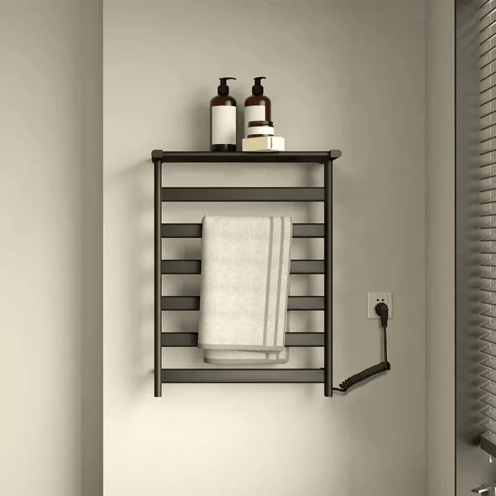 Black Wall-Mount Electric Towel Warmer with Top Shelf Stainless Steel - Heated Towel Rack -Bathlova