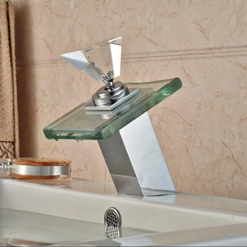 Brass Chrome Luxury Glass Waterfall Basin Tap with LED Light -Bathlova