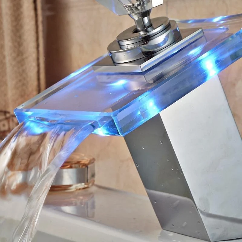 Brass Chrome Luxury Glass Waterfall Basin Tap with LED Light -Bathlova