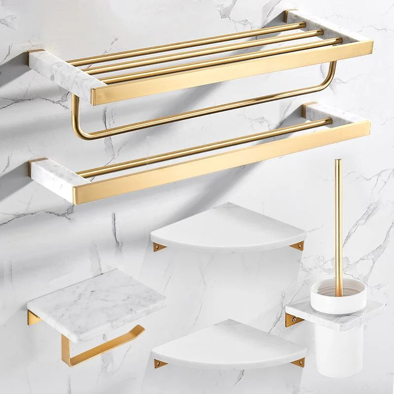 Brushed Brass Bathroom Accessory Set Metal & Marble Bathroom Hardware Set with Bath Shelf -Bathlova