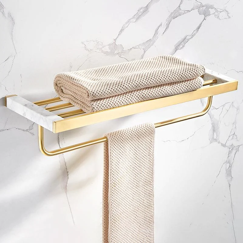 Brushed Brass Bathroom Accessory Set Metal & Marble Bathroom Hardware Set with Bath Shelf -Bathlova