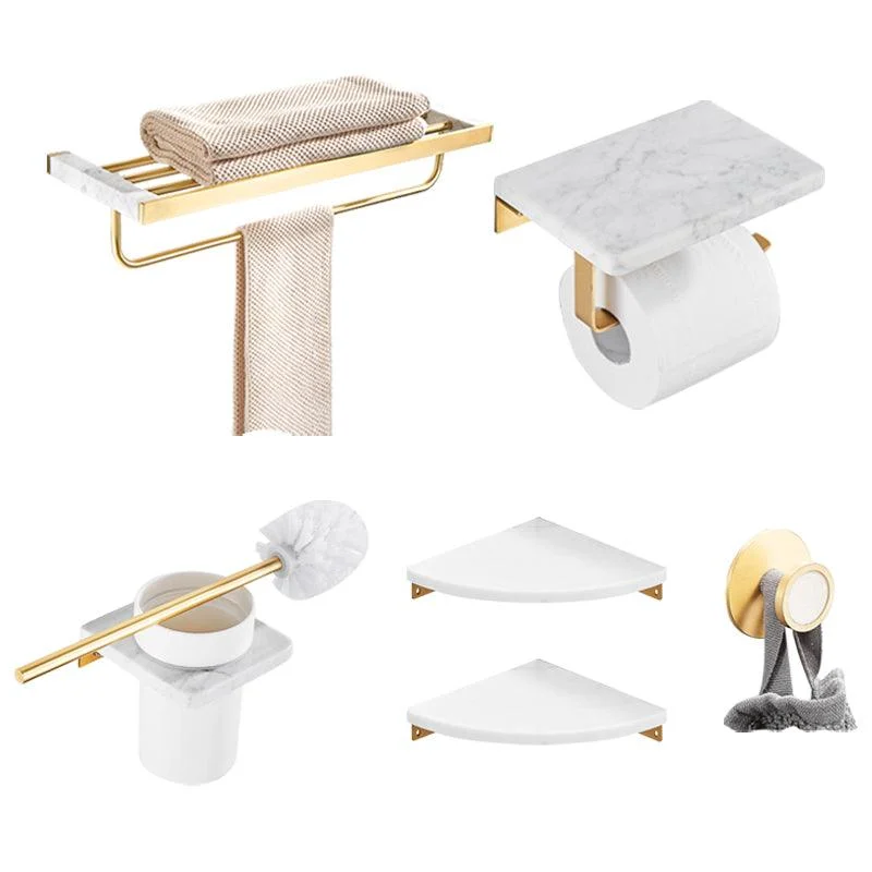 Brushed Brass Bathroom Accessory Set Metal & Marble Bathroom Hardware Set with Bath Shelf -Bathlova