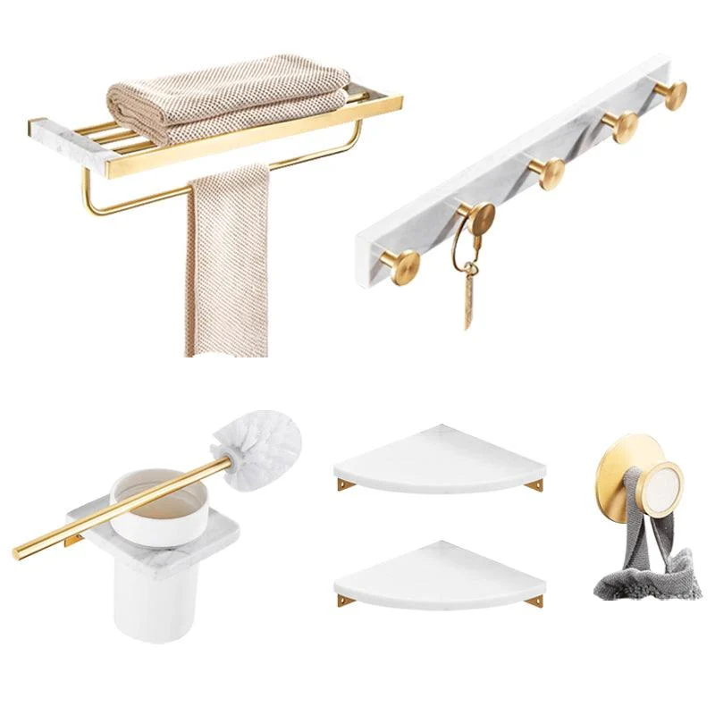 Brushed Brass Bathroom Accessory Set Metal & Marble Bathroom Hardware Set with Bath Shelf -Bathlova