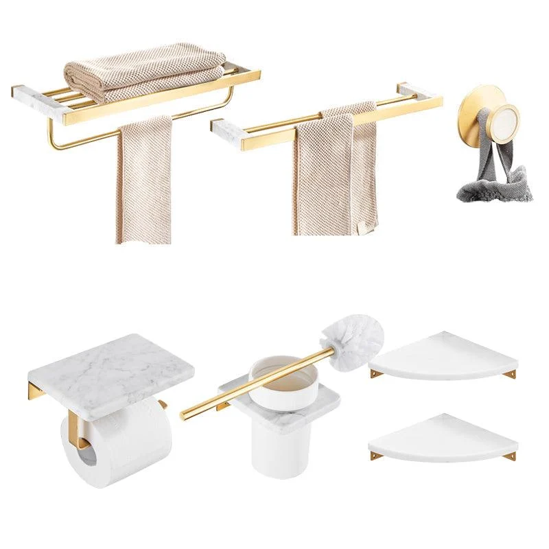 Brushed Brass Bathroom Accessory Set Metal & Marble Bathroom Hardware Set with Bath Shelf -Bathlova