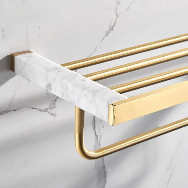 Brushed Brass Bathroom Accessory Set Metal & Marble Bathroom Hardware Set with Bath Shelf -Bathlova