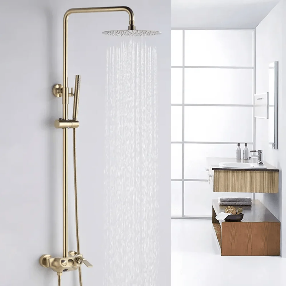 Brushed Gold Exposed Rainfall Shower Fixture with Hand shower & Tub Filler Solid Brass -Bathlova