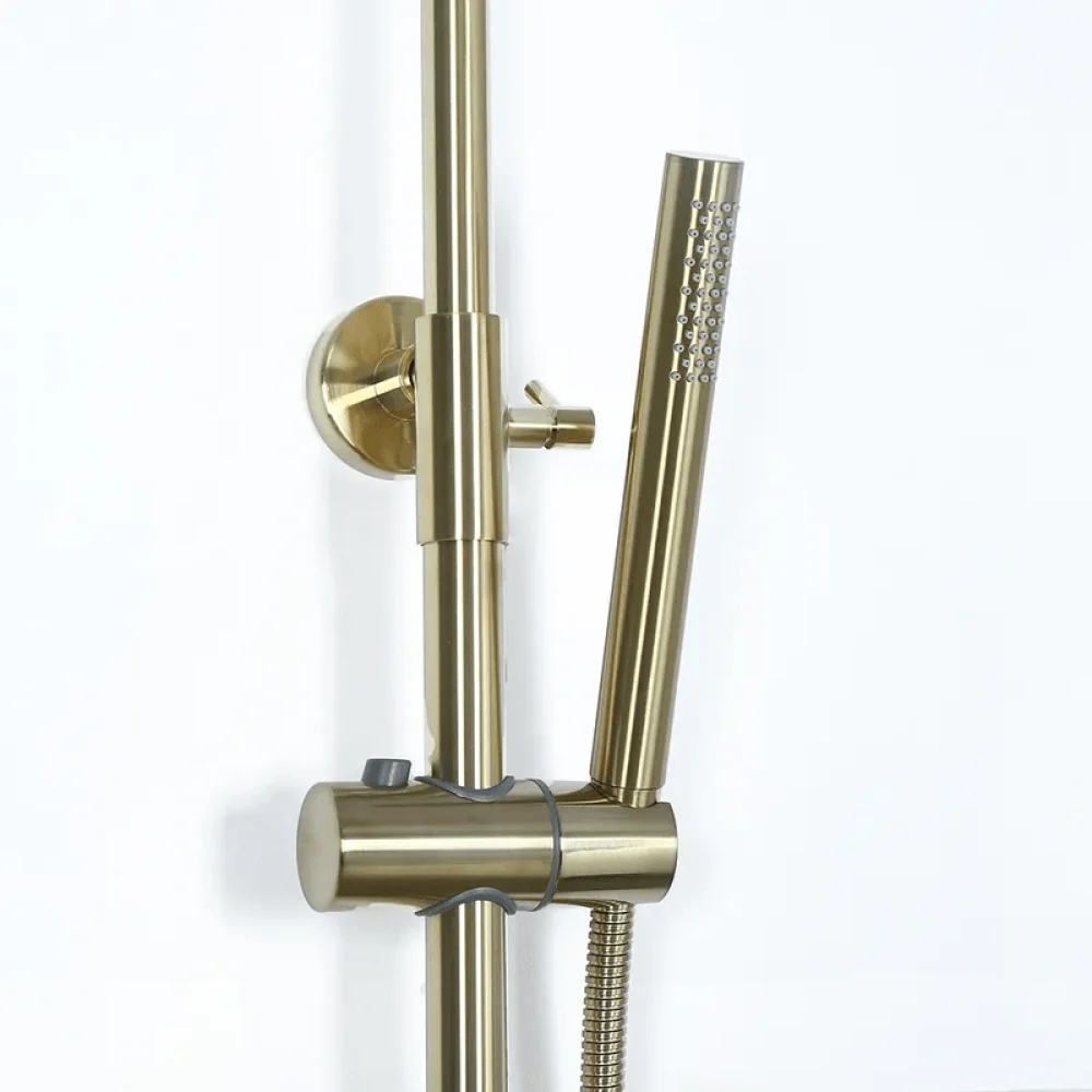 Brushed Gold Exposed Rainfall Shower Fixture with Hand shower & Tub Filler Solid Brass -Bathlova