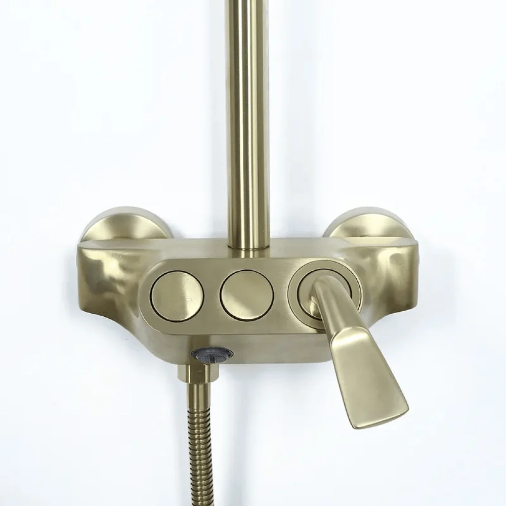 Brushed Gold Exposed Rainfall Shower Fixture with Hand shower & Tub Filler Solid Brass -Bathlova