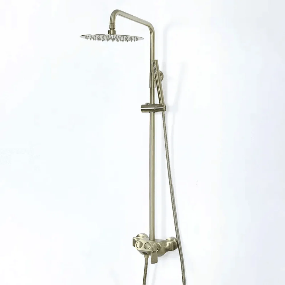 Brushed Gold Exposed Rainfall Shower Fixture with Hand shower & Tub Filler Solid Brass -Bathlova