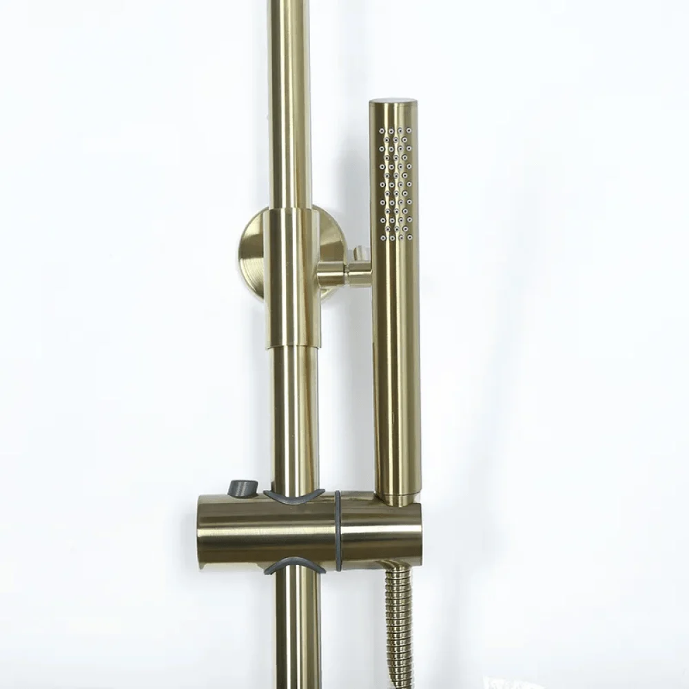 Brushed Gold Exposed Rainfall Shower Fixture with Hand shower & Tub Filler Solid Brass -Bathlova