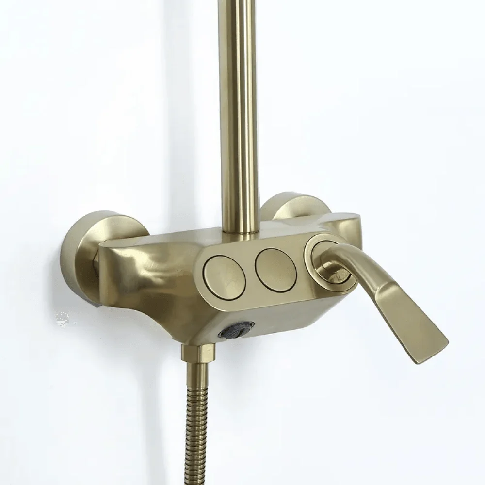 Brushed Gold Exposed Rainfall Shower Fixture with Hand shower & Tub Filler Solid Brass -Bathlova