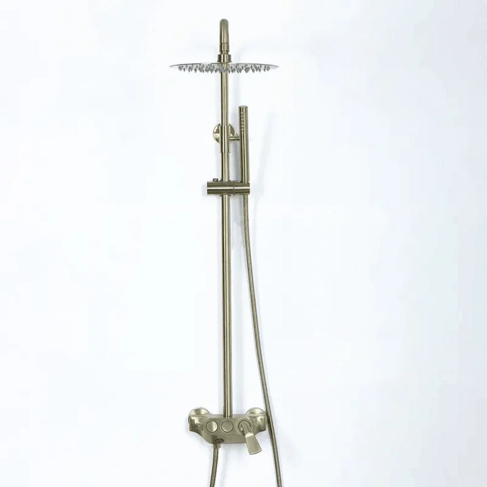 Brushed Gold Exposed Rainfall Shower Fixture with Hand shower & Tub Filler Solid Brass -Bathlova