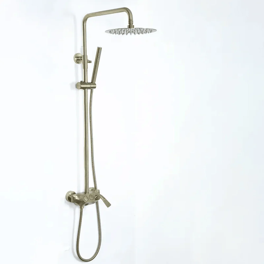 Brushed Gold Exposed Rainfall Shower Fixture with Hand shower & Tub Filler Solid Brass -Bathlova