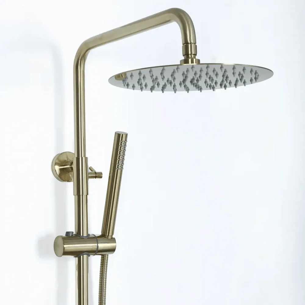 Brushed Gold Exposed Rainfall Shower Fixture with Hand shower & Tub Filler Solid Brass -Bathlova