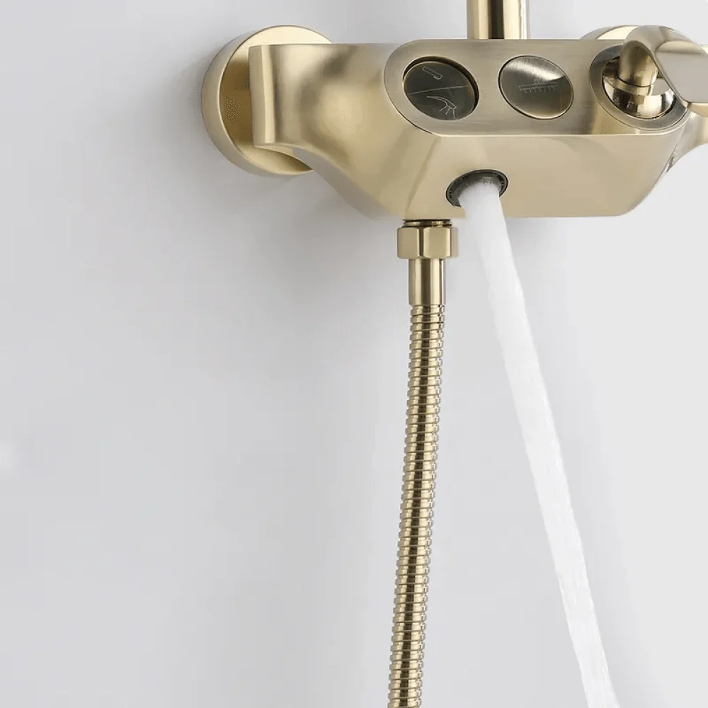 Brushed Gold Exposed Rainfall Shower Fixture with Hand shower & Tub Filler Solid Brass -Bathlova