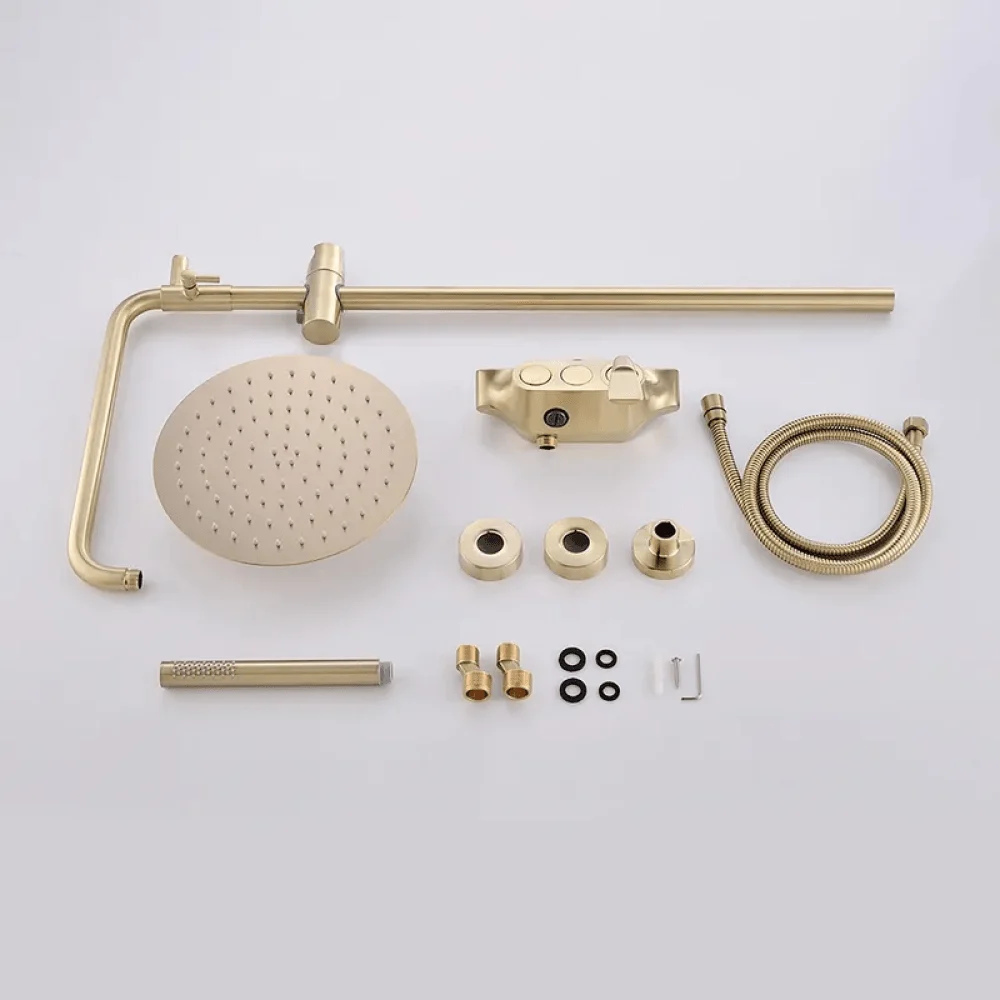 Brushed Gold Exposed Rainfall Shower Fixture with Hand shower & Tub Filler Solid Brass -Bathlova