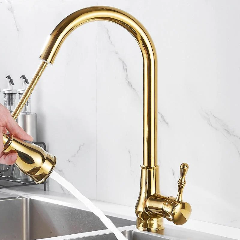 Brushed Gold Kitchen Sink Tap High Arch Swivel Spout with Pull Out Sprayer -Bathlova